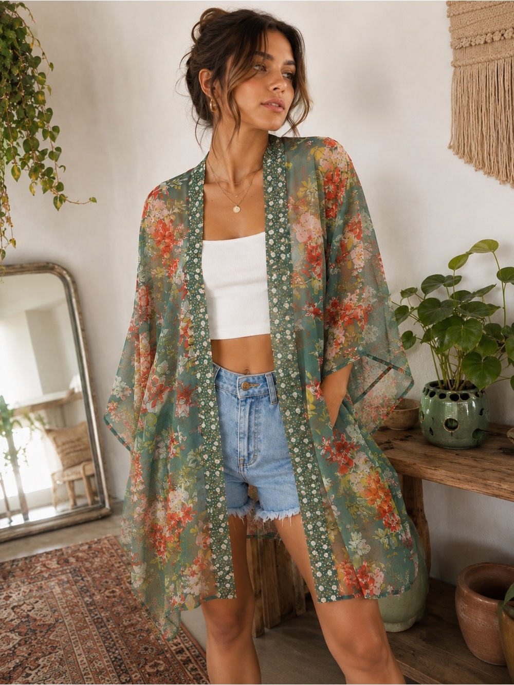 BOG Collective Sage Floral Kimono Chiffon Duster Cardigan Boho XS S Cottagecore